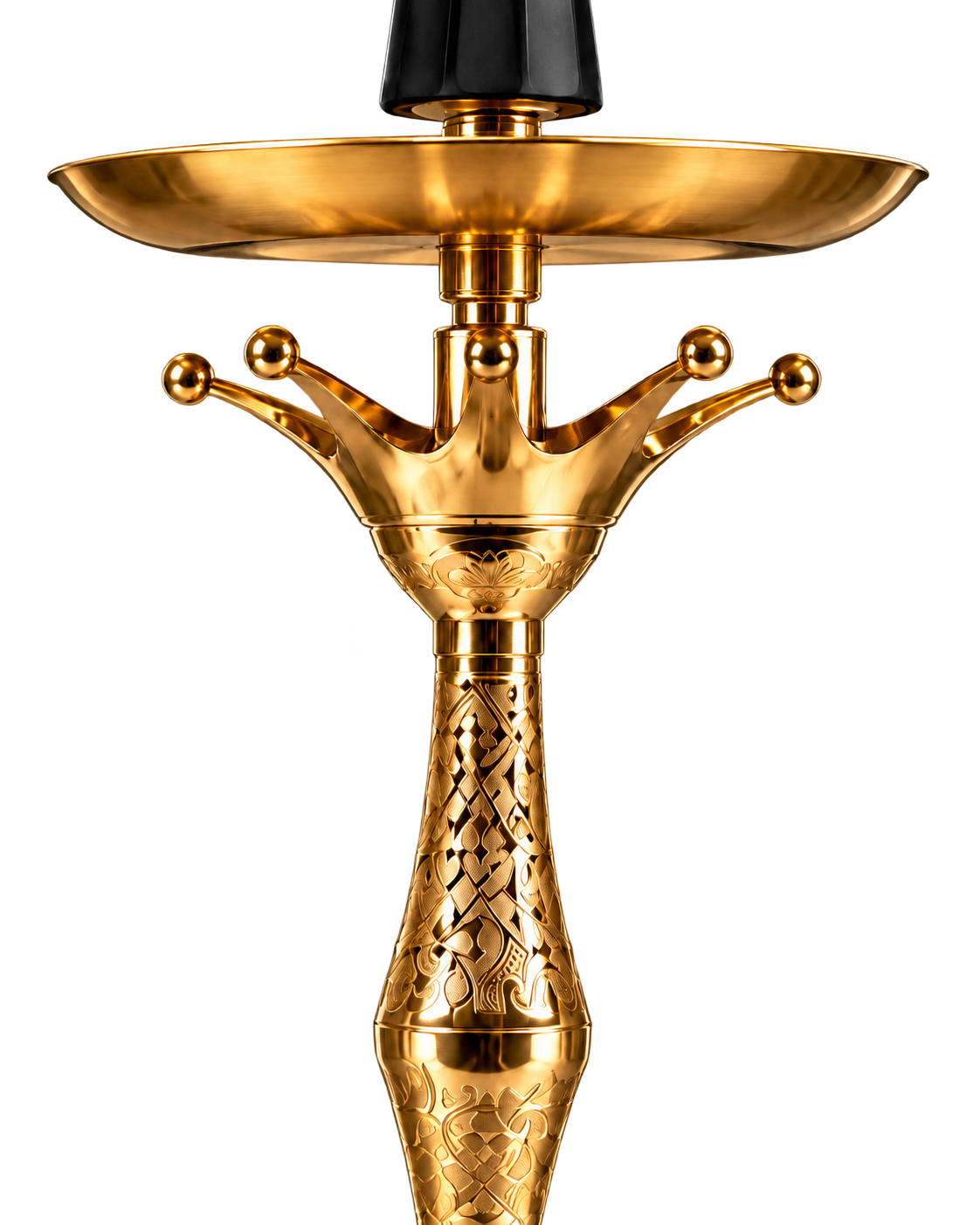 Gold tray, ball-tipped crown and engraved metal stem.