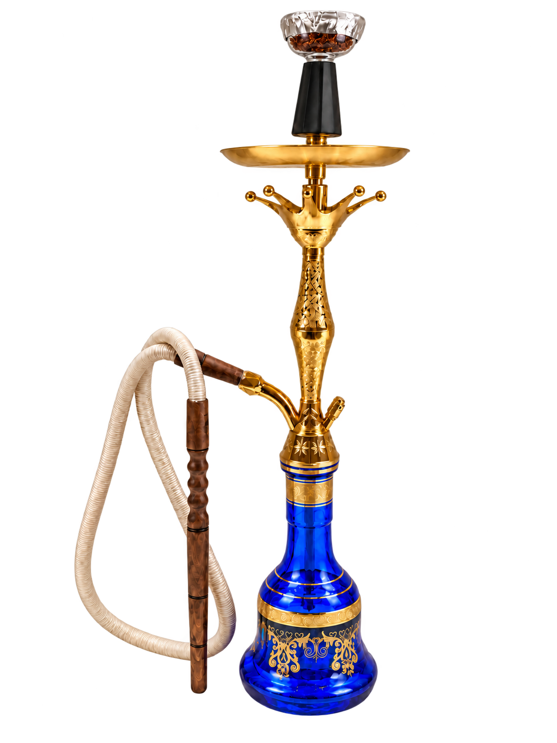 The complete Atlas Signature: engraved gold stem and tray, cobalt base, Pyrex bowl, ivory hose and wooden mouthpiece.